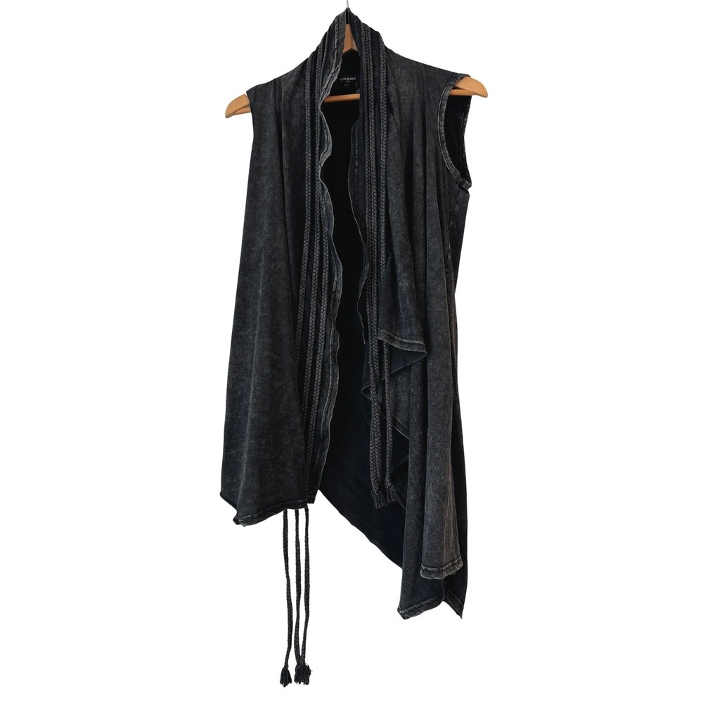 COMME USA Vest Black Acid Wash Asymmetrical Braided Drape Lagenlook L